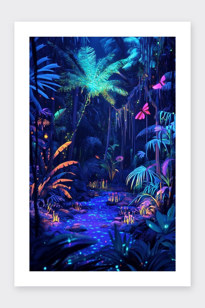 Jungle Poster - Bossen - Natuur - Magisch - Kleurrijk - Neon - Mystiek - posters - formaat 30x40cm - Wanddecoratie - BXS5227BY - Met kader - passe-partouts stijl