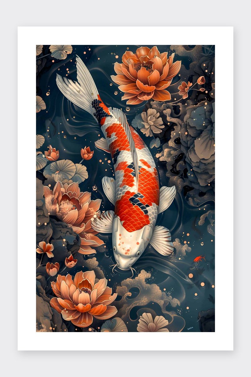 Koi Poster - Lotus - Natuur - Dier - Waterplant - Bloem - posters - formaat 30x40cm - Wanddecoratie - BXS4027MT - Met kader - passe-partouts stijl