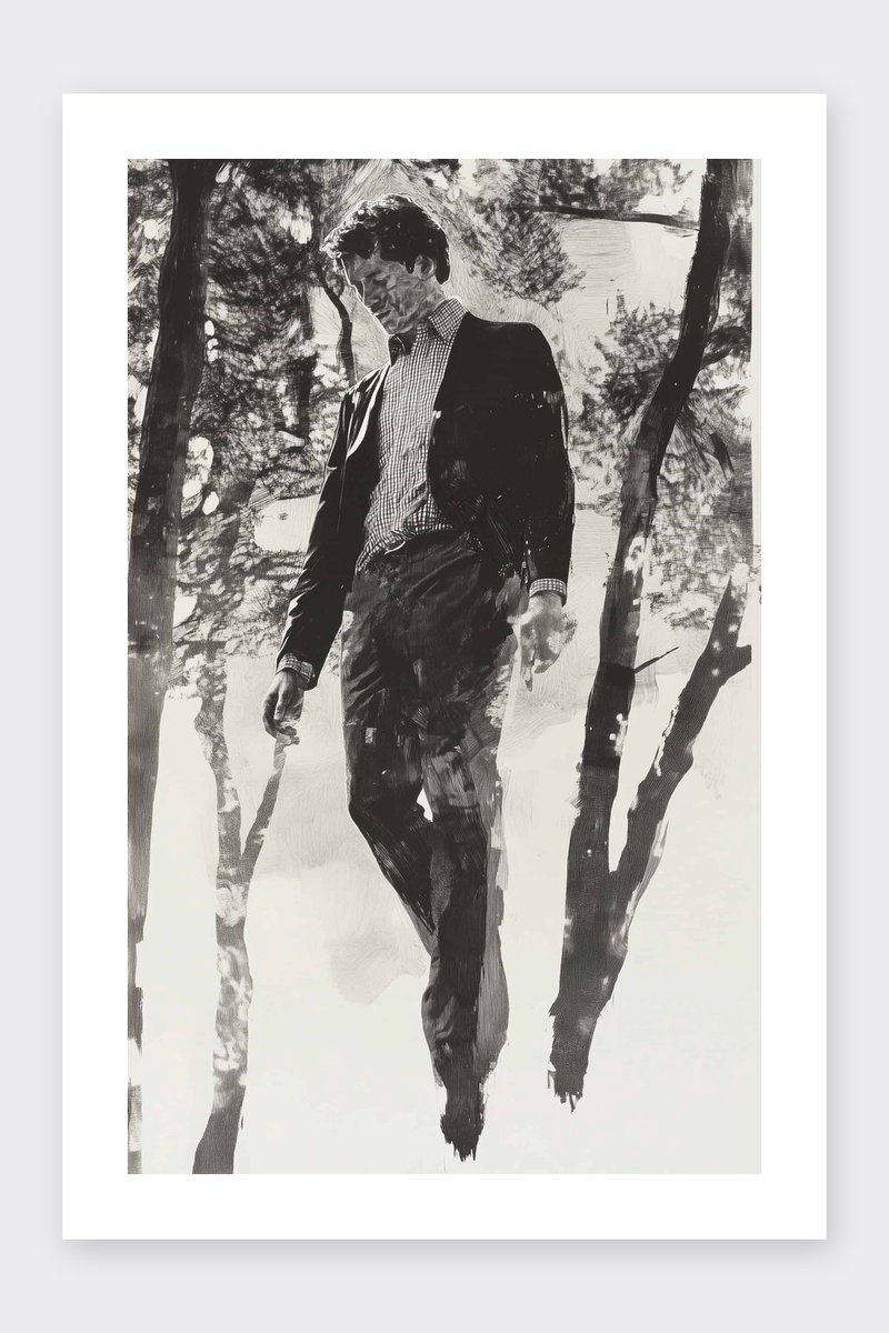Hockney Poster - Man - Bos - Zwart Wit - Creatief - Natuur - Iconisch - Artistieke - posters - formaat 30x40cm - Wanddecoratie - BXS4623PVD - Met kader - passe-partouts stijl
