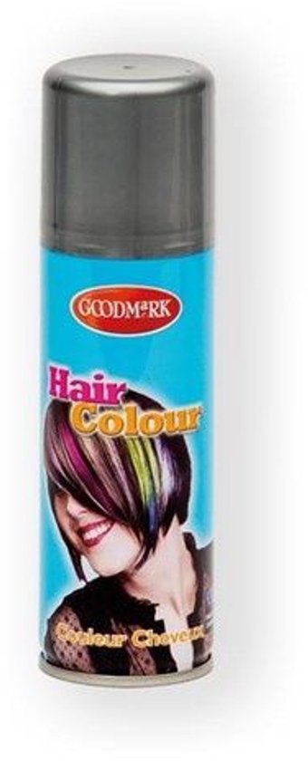 Goodmark Hair Colour spraybus met een afbeelding van een vrouw met gekleurd haar in groen, geel, paars en roze. De tekst 'Hair Colour' staat erop.