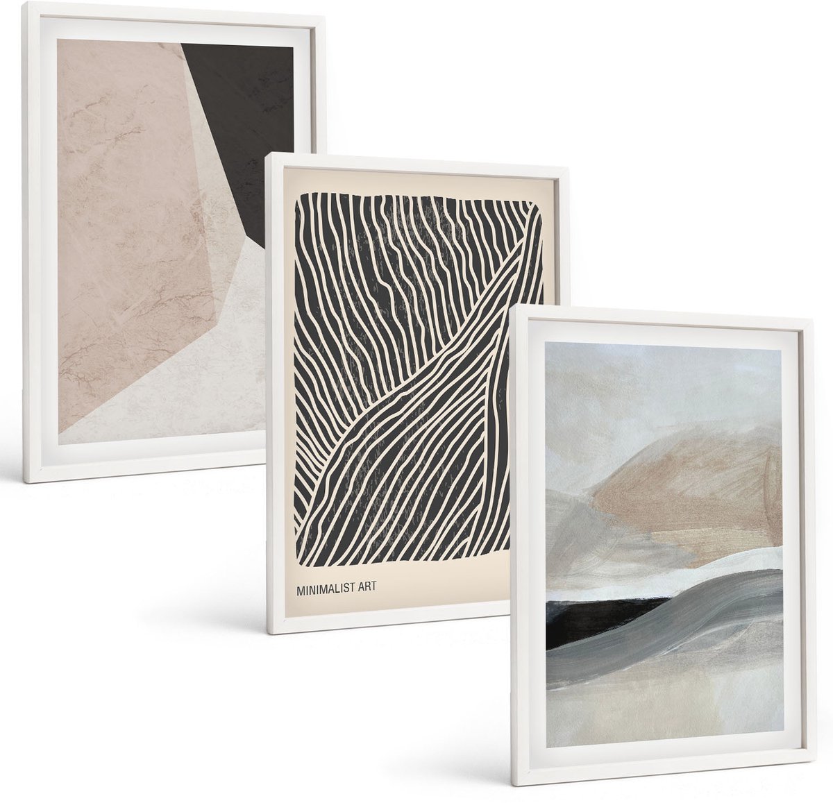 Coloray 3-Delige Schilderij Set - Abstracte Patronen In Beige En Grijze Tinten. - 40 x 60 - Muurdecoratie - Wanddecoratie - Slaapkamer