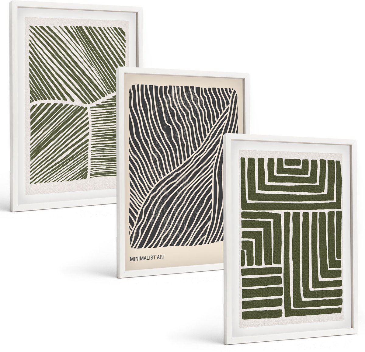 Coloray 3-Delige Schilderij Set - Patronen Van Lijnen En Vormen In Groene Tinten - 40 x 60 - Muurdecoratie - Wanddecoratie - Slaapkamer - Woonkamer Decoratie