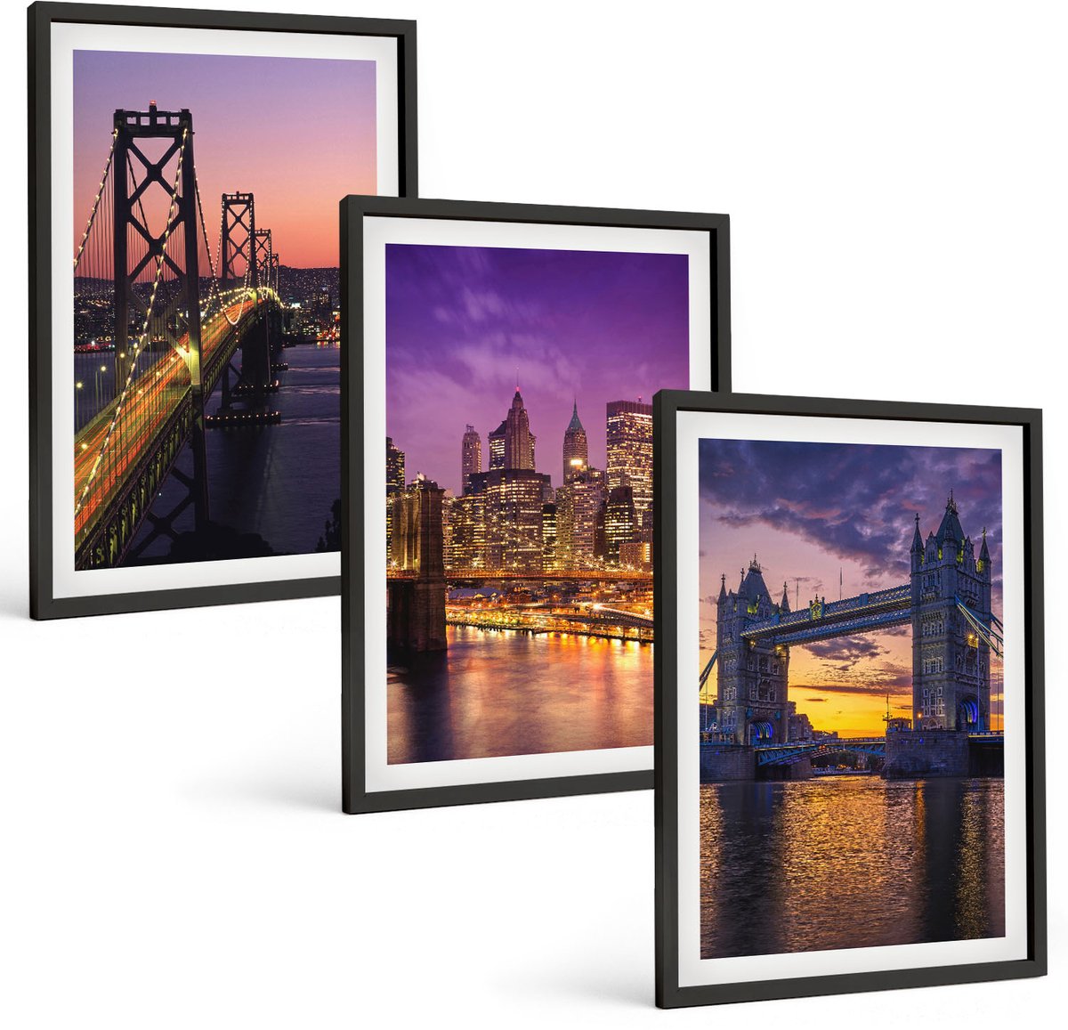 Coloray 3-Delige Schilderij Set - Bruggen Bij Zonsondergang En Stedelijke Landschappen - 40 x 60 cm - Schilderijen Set - Wanddecoratie - Woonkamer - Muurdecoratie