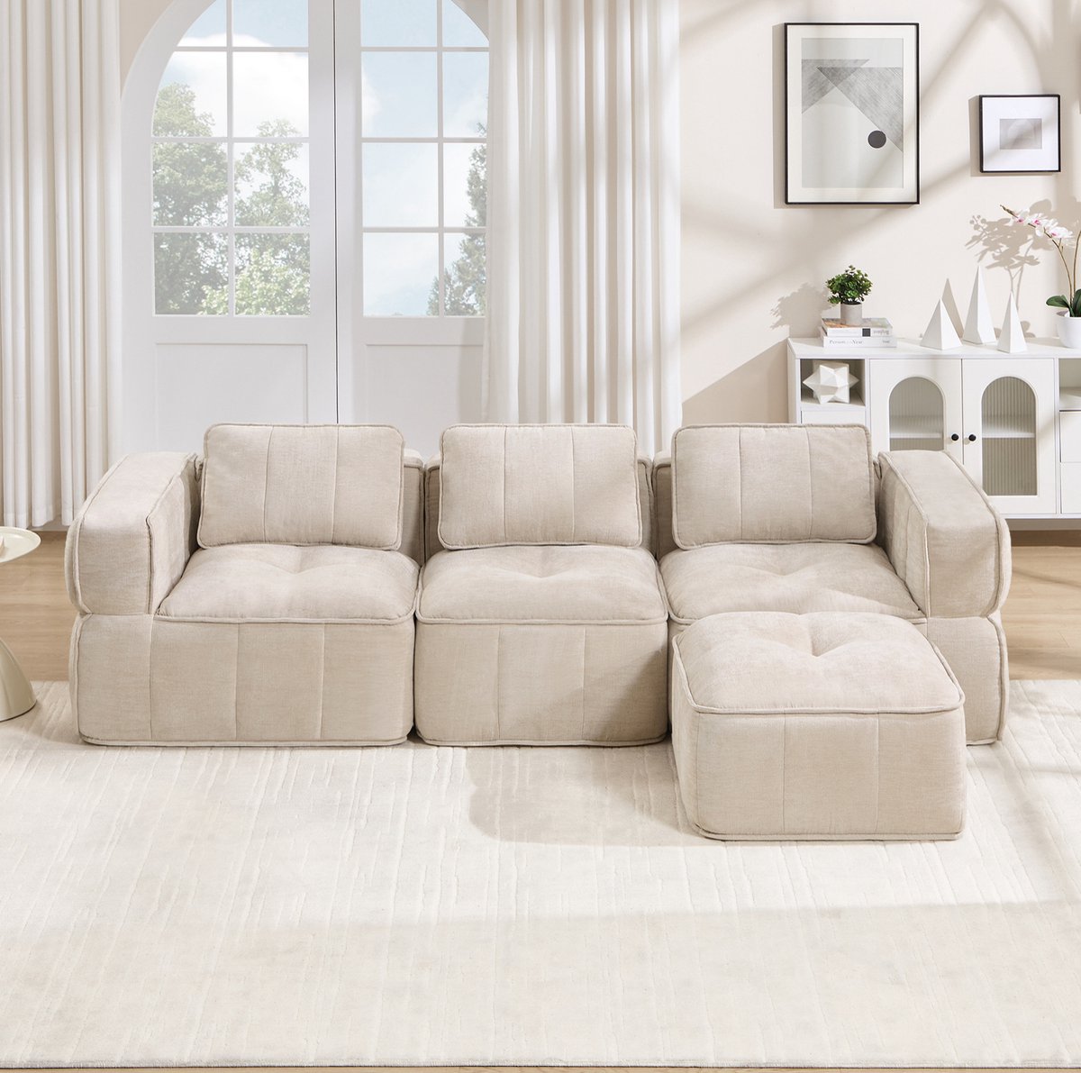 REDOM - Hoekbank - L-vormige modulaire opstelling - 1 hocker - Scandinavisch & Basic - Woonkamer - Polyester - Beige - 271 x 162 x 67 cm