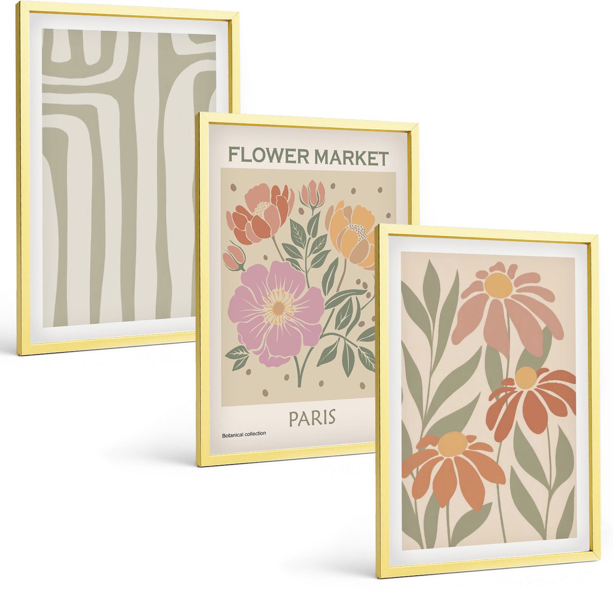 Coloray 3-Delige Schilderij Set - Poster Met Botanische Motieven, Parijse Minimalistische Stijl - 40 x 40 cm En 40 x 60 cm - Muurdecoratie - Wanddecoratie - Slaapkamer - Moderne Wanddecoratie