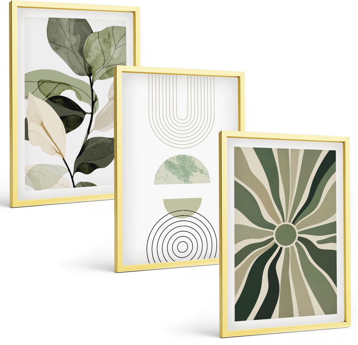 Coloray 3-Delige Schilderij Set - Plantmotieven Met Geometrische Vormen In Groen - 40 x 40 cm En 40 x 60 cm - Decoratieve Muurdecoratie - Slaapkamer - Decoratieve Schilderijen