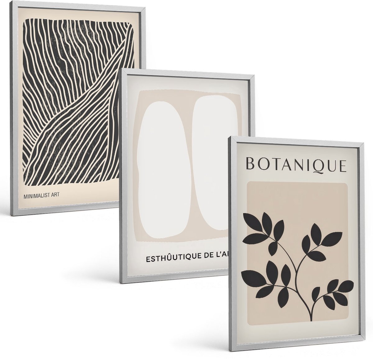 Coloray 3-Delige Schilderij Set - Bloemenpatronen En Minimalistische Lijnen In Neutrale Kleuren. - 40 x 60 cm - Wanddecoratie - Woonkamer Decoratie - Moderne Wanddecoratie