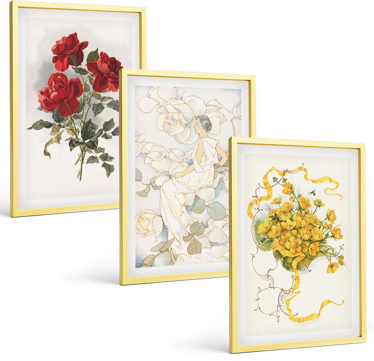Coloray 3-Delige Schilderij Set - Uitzicht Op Zee Met Boten En Witte Huizen In Griekenland - 40 x 40 cm En 40 x 60 cm - Wanddecoratie - Schilderijen Set - Kantoor - Interieur Decoratie