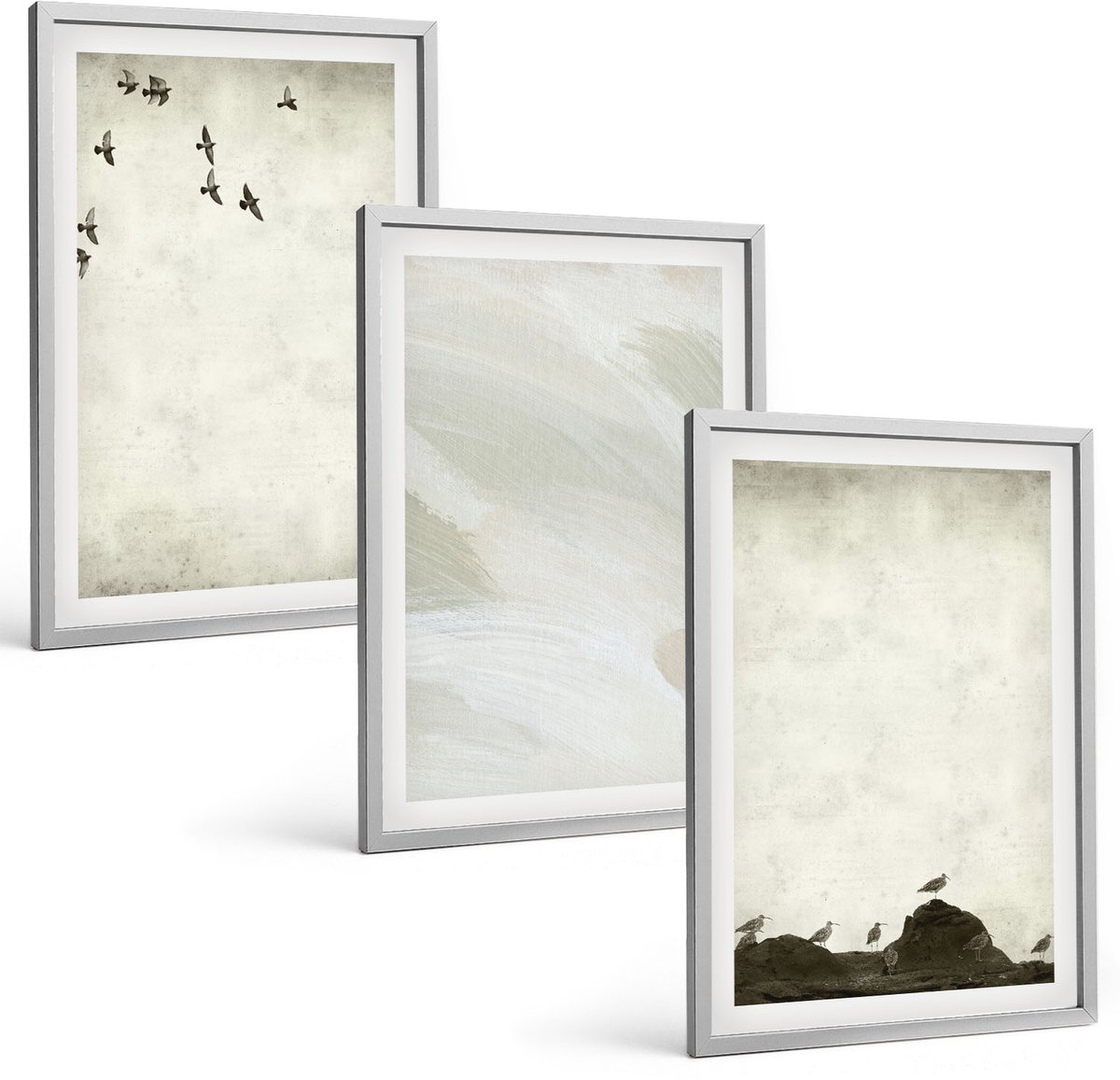 Coloray 3-Delige Schilderij Set - Vogels, Rotsen En Penseelstreken: Minimalistische Decoraties - 40 x 60 cm - Schilderijen Set - Wanddecoratie - Woonkamer - Interieur Decoratie