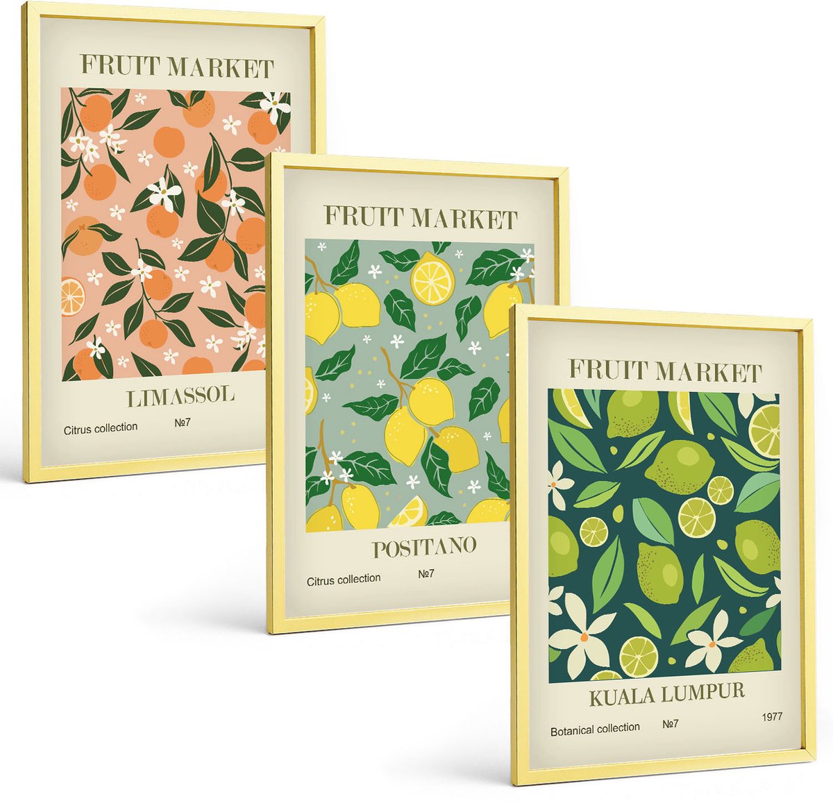 Coloray 3-Delige Schilderij Set - Kleurrijke Patronen Van Bergen En Rivieren In Japandi-Stijl - 40 x 40 cm En 40 x 60 cm - Schilderijen Set - Wanddecoratie - Woonkamer - Moderne Wanddecoratie Gouden lijst