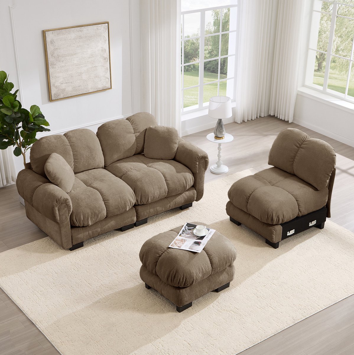 REDOM - Hoekbank - L-vormig - Mobiele ottomane - Gestikt patroon - Woonkamer - Chenille - Bruin - 260 x 149 x 90 cm