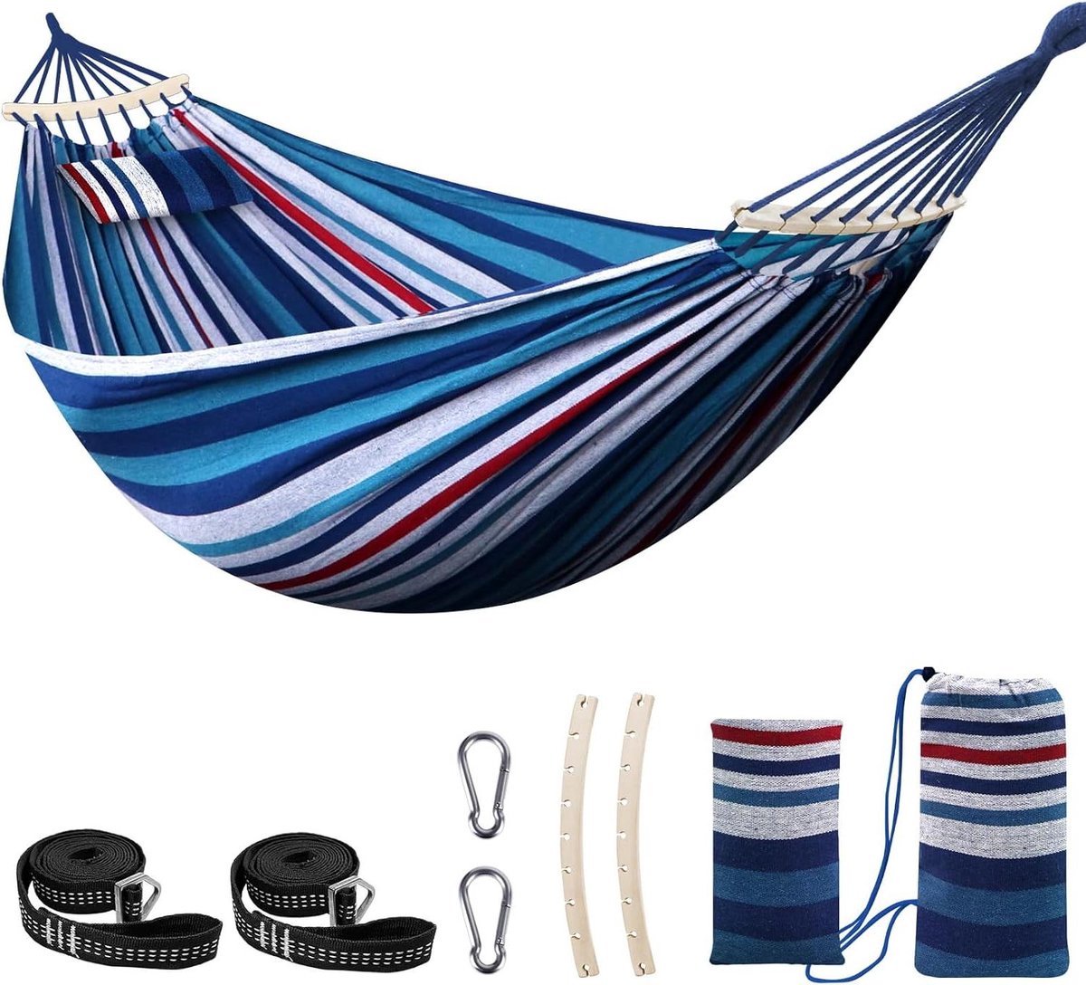 Katoenen hangmat - Draagbare hangmat - Ontspannen buiten - Inclusief kussen - 9 x 5 voet - Blauw Rood Wit