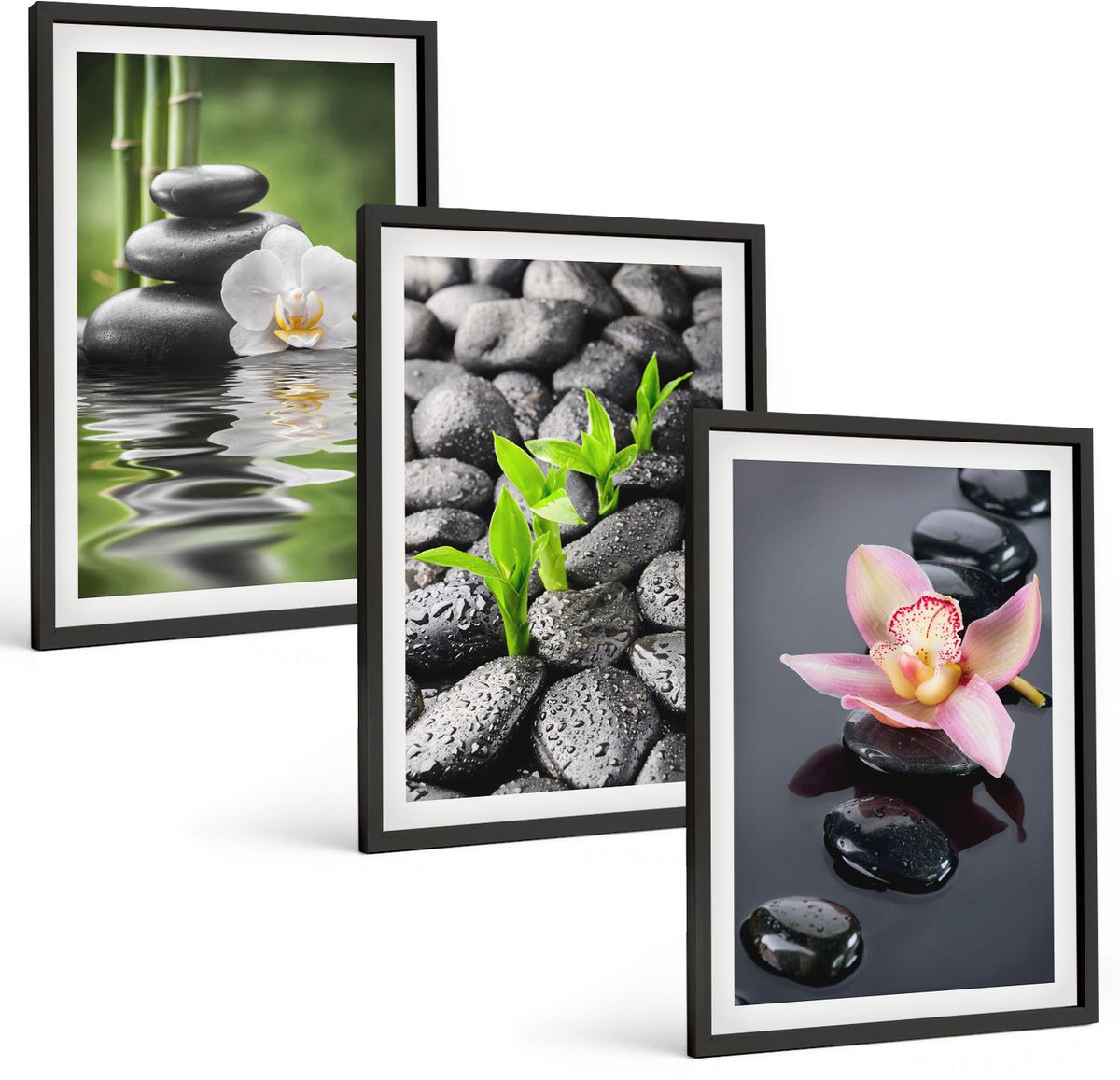 Coloray 3-Delige Schilderij Set - Een Serene Zen-Compositie Van Stenen Met Bloemen Op Water. - 40 x 60 cm - Wanddecoratie - Schilderijen Set - Kantoor - Stijlvolle Muurdecoratie
