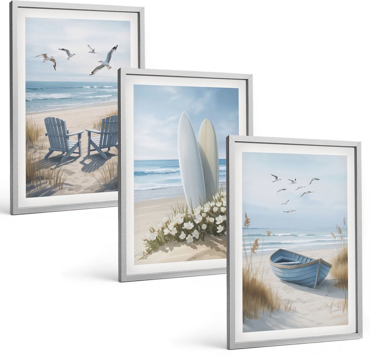 Coloray 3-Delige Schilderij Set - Strand Met Surfplanken, Boten En Vogels - 40 x 60 cm - Muurdecoratie - Wanddecoratie - Slaapkamer - Moderne Wanddecoratie