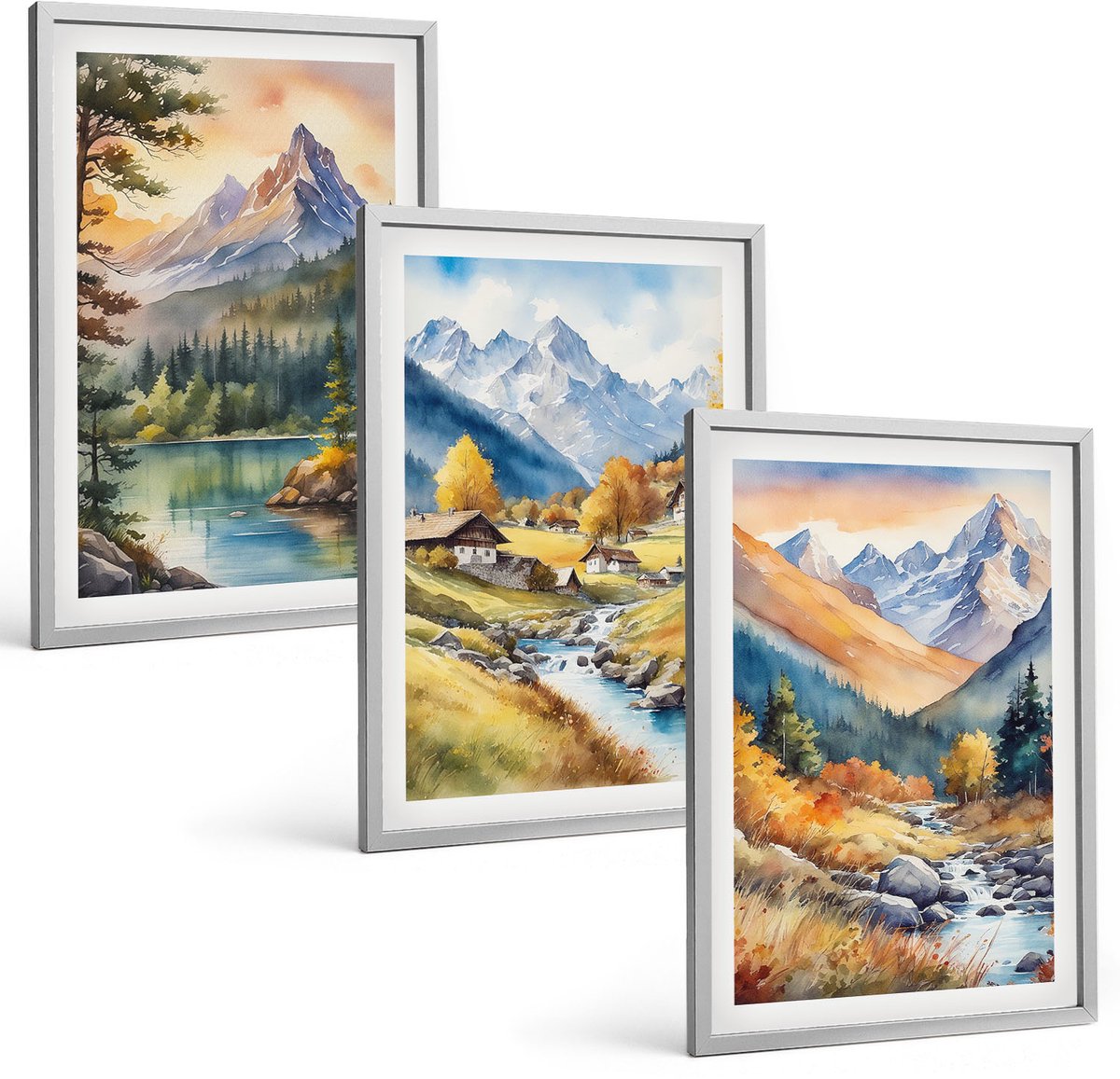 Coloray 3-Delige Schilderij Set - Berglandschap Met Een Rivier En Huisjes In Herfstkleuren. - 40 x 60 cm - Stijlvolle Wanddecoratie - Interieur