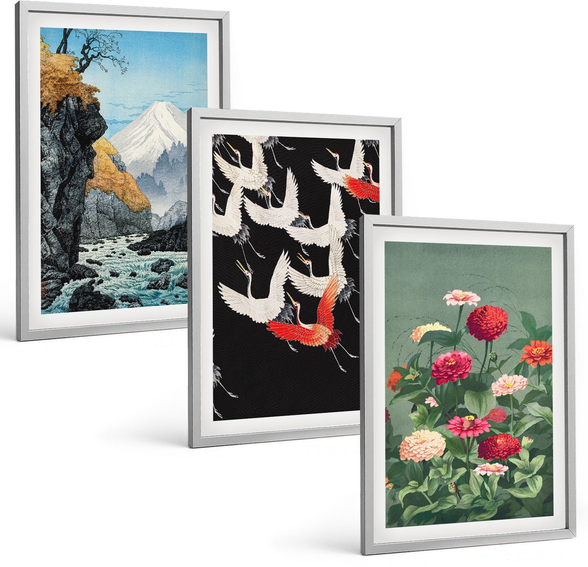 Coloray 3-Delige Schilderij Set - Bergen Met Een Waterval, Vogels In Vlucht En Kleurrijke Bloemen - 40 x 60 cm - Muurdecoratie - Interieur Decoratie - Wanddecoratie