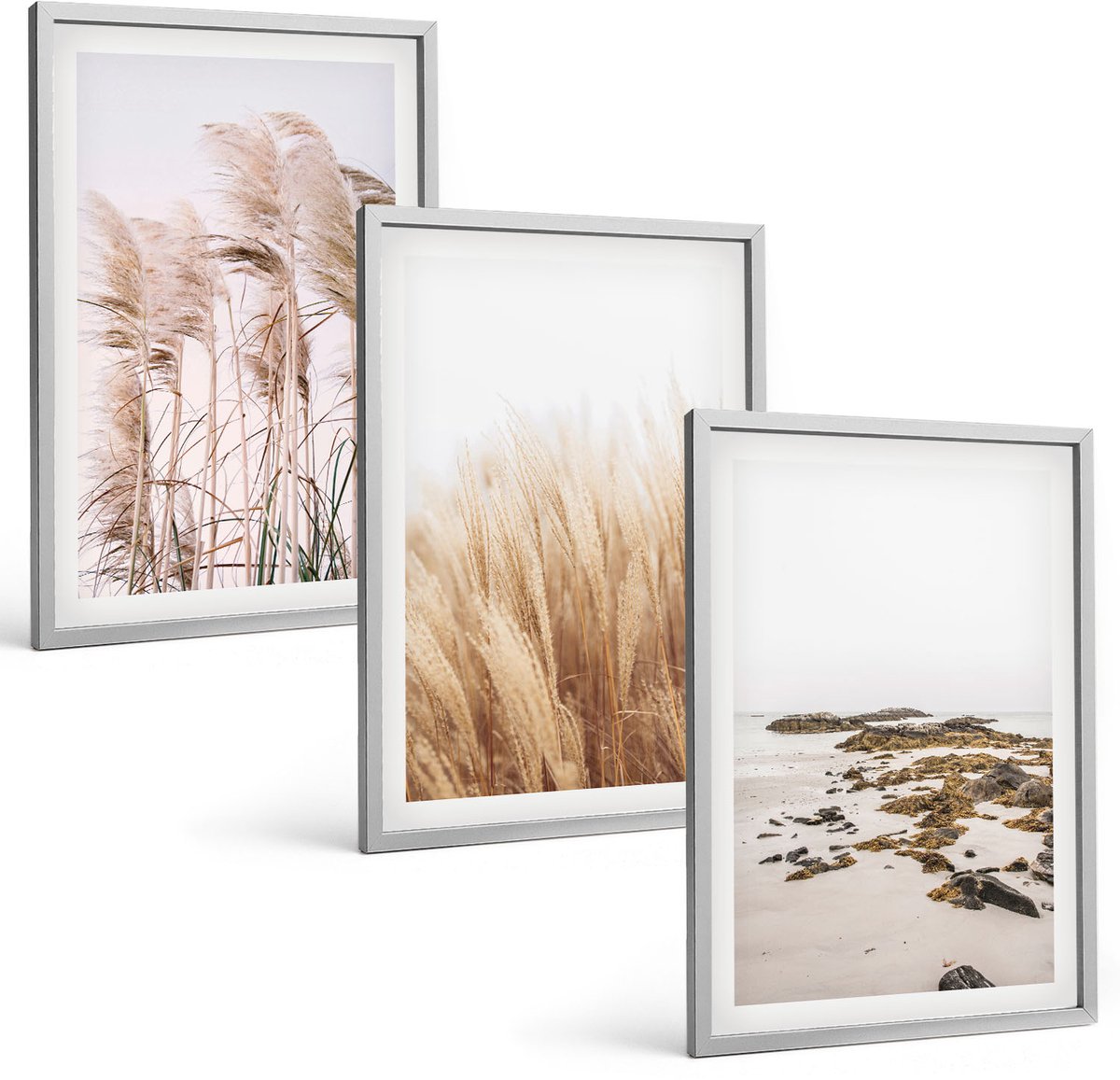 Coloray 3-Delige Schilderij Set - Pampasgrasvelden En Boho-Strand - 40 x 60 cm - Wanddecoratie - Woonkamer Decoratie - Muurdecoratie