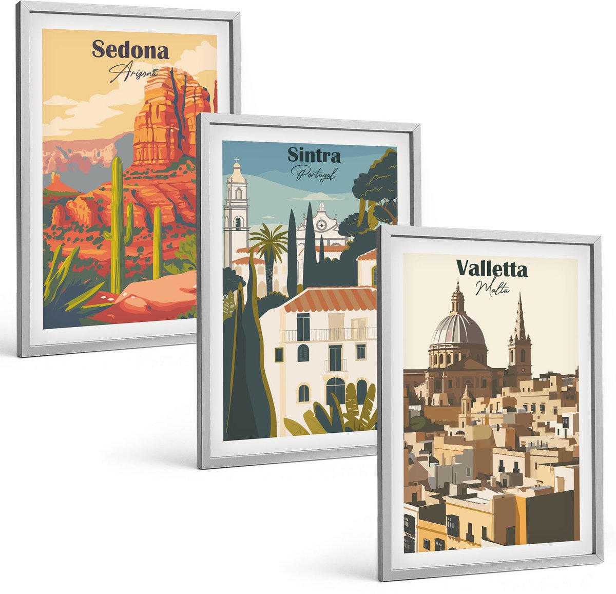 Coloray 3-Delige Schilderij Set - Stadsgezichten In Retrostijl Van Sedona, Sintra En Valletta - 40 x 60 cm - Wanddecoratie - Schilderijen Set - Kantoor - Woonkamer Decoratie