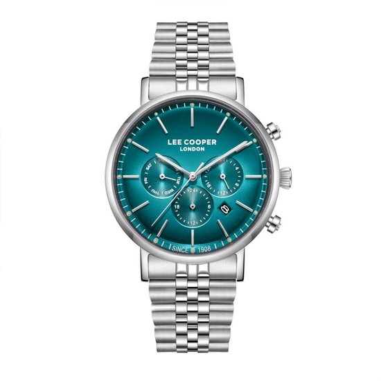 Lee Cooper herenhorloge met blauwe wijzerplaat, zilveren kast en schakelarmband, datum- en dagweergave.
