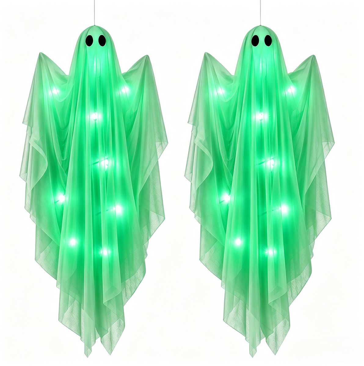 2 Stuks 120cm Hangende Lichtgevende Halloween Geestdecoraties - Witte Hangende Geesten met Groene LED‑Verlichting - Spookhuis Feestbenodigdheden - Decoratie voor Voortuin, Terras en Tuin