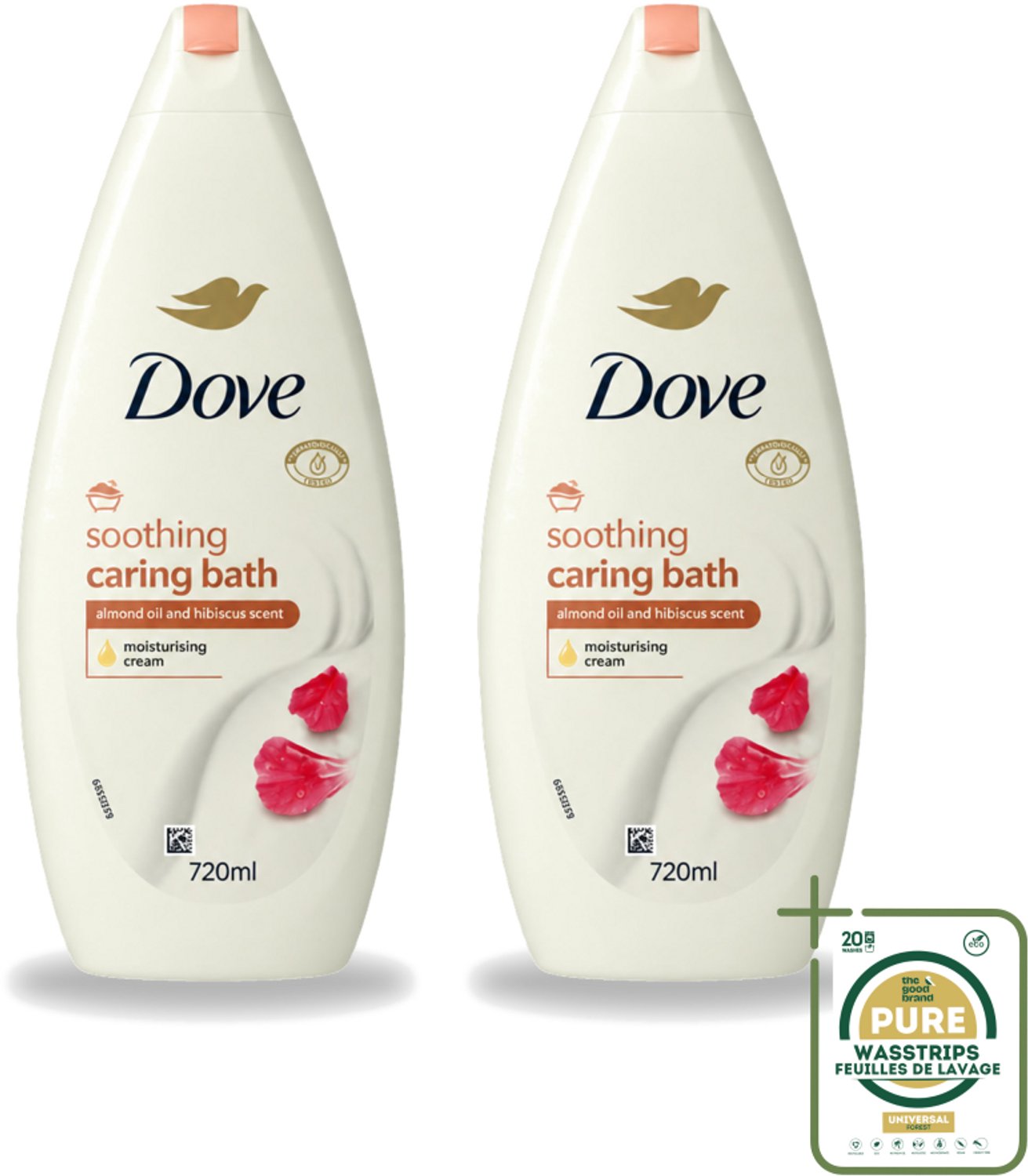 2 x Dove – Badcrème – Soothing Almond Oil & Hibiscus – 720 ml - Wasstrips - Douchegel - Huidverzorging - Kalmerend - Schuim - Amandelolie