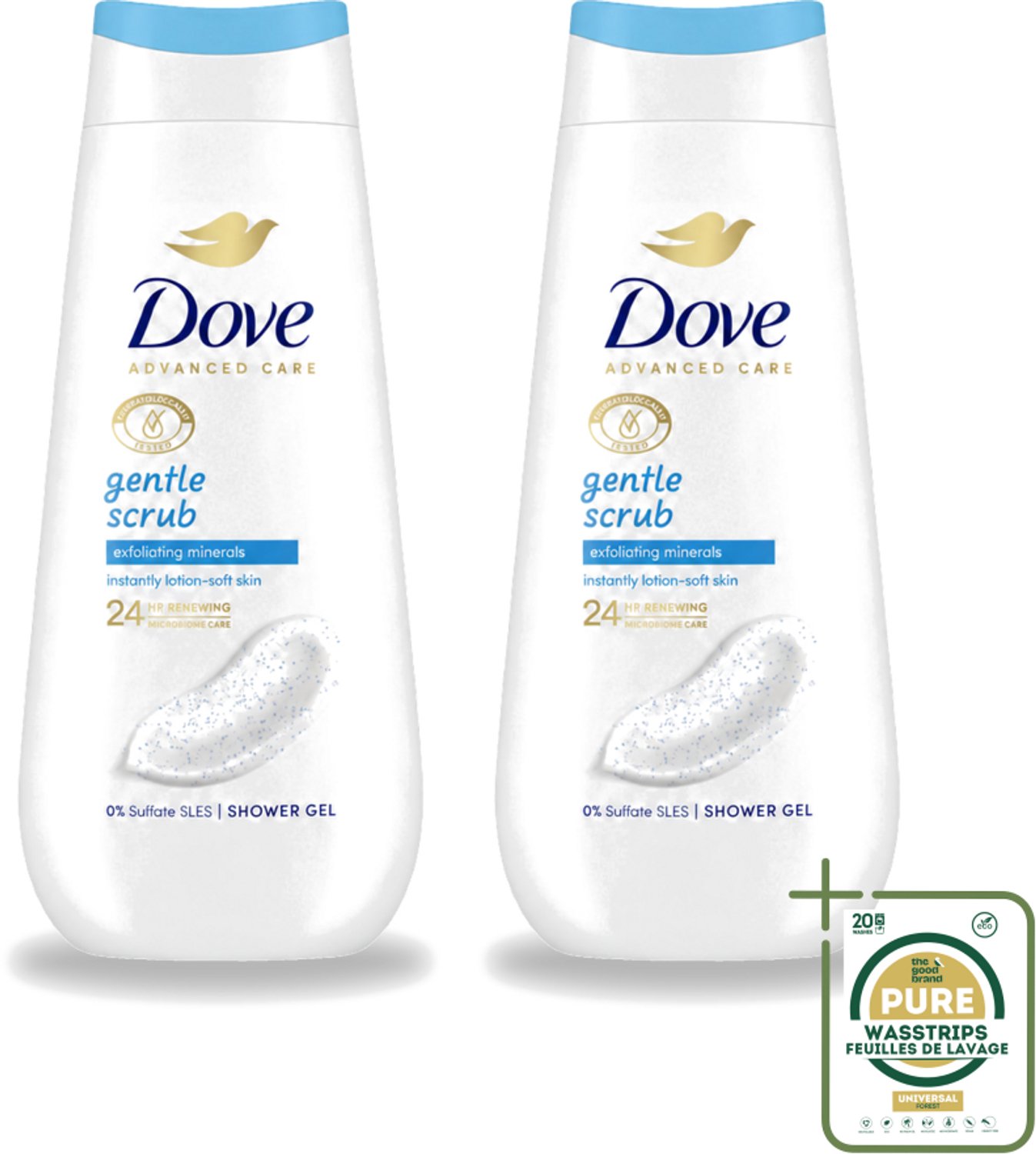 2 x Dove – Douchegel – Advanced Care Gentle Scrub – 225 ml - Wasstrips - Douchegel - Exfoliatie - Huidverzorging - Zachte Douchegel - Schuim