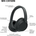 Zwarte Sony WH-CH720N over-ear koptelefoon met aanduidingen voor knoppen, microfoon en verstelbare hoofdband.