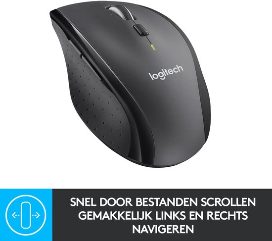 Zwarte Logitech muis voor zijwaarts navigeren en snel scrollen door bestanden.