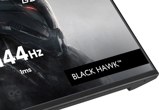Detail van de hoek van de Black Hawk monitor met 144Hz en 1ms specificaties op een achtergrond met futuristische helm.