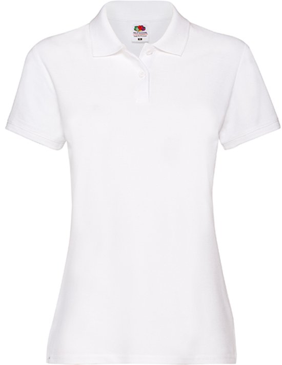 Wit Fruit of the Loom damespoloshirt met korte mouwen, klassieke kraag en knoopsluiting.