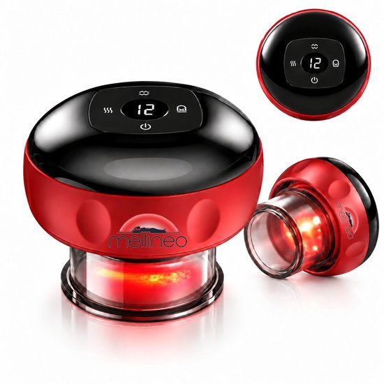 Appareil de massage par ventouses électrique Mellineo rouge et noir avec affichage LED, 12 réglages et thérapie par lumière rouge.