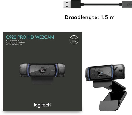 Logitech C920 Pro HD webcam in verpakking met 1,5 meter kabel.