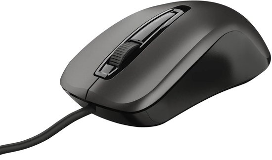 Zwarte, bedrade Trust Carve-muis met scrollwiel, zijprofiel.