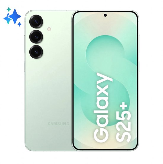 Samsung Galaxy S25+ in mintgroen met tekst 'Galaxy S25+' op het scherm.
