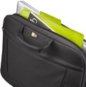 Zwarte Case Logic laptoptas gevuld met een laptop en een opvallende felgroene ordner.