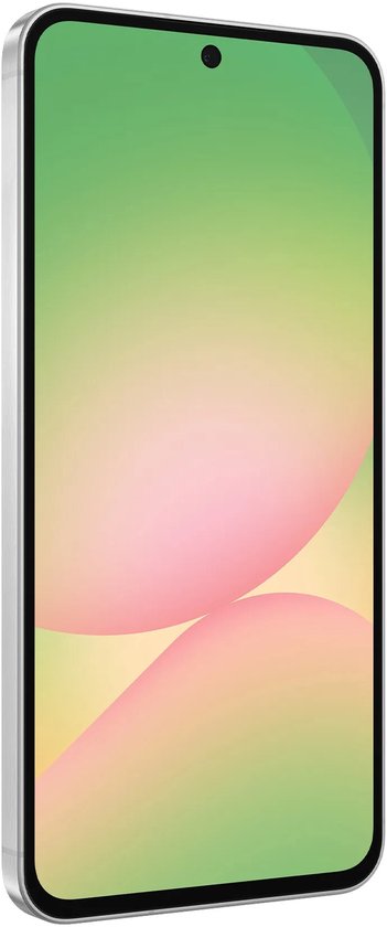 Grijze smartphone in schuin aanzicht, tonend het scherm met abstracte groen-roze achtergrond.
