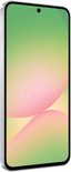Grijze smartphone in schuin aanzicht, tonend het scherm met abstracte groen-roze achtergrond.