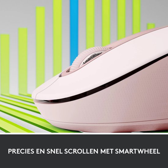Close-up van het SmartWheel op een roze muis voor nauwkeurig en snel scrollen.