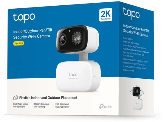 Verpakking van Tapo C216 2K draaibare beveiligingscamera voor binnen en buiten met IP65-weerbestendigheid.