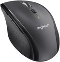 Zwarte Logitech M705 draadloze muis vanuit een hoek, met rubberen zijgrepen en scrollwiel.