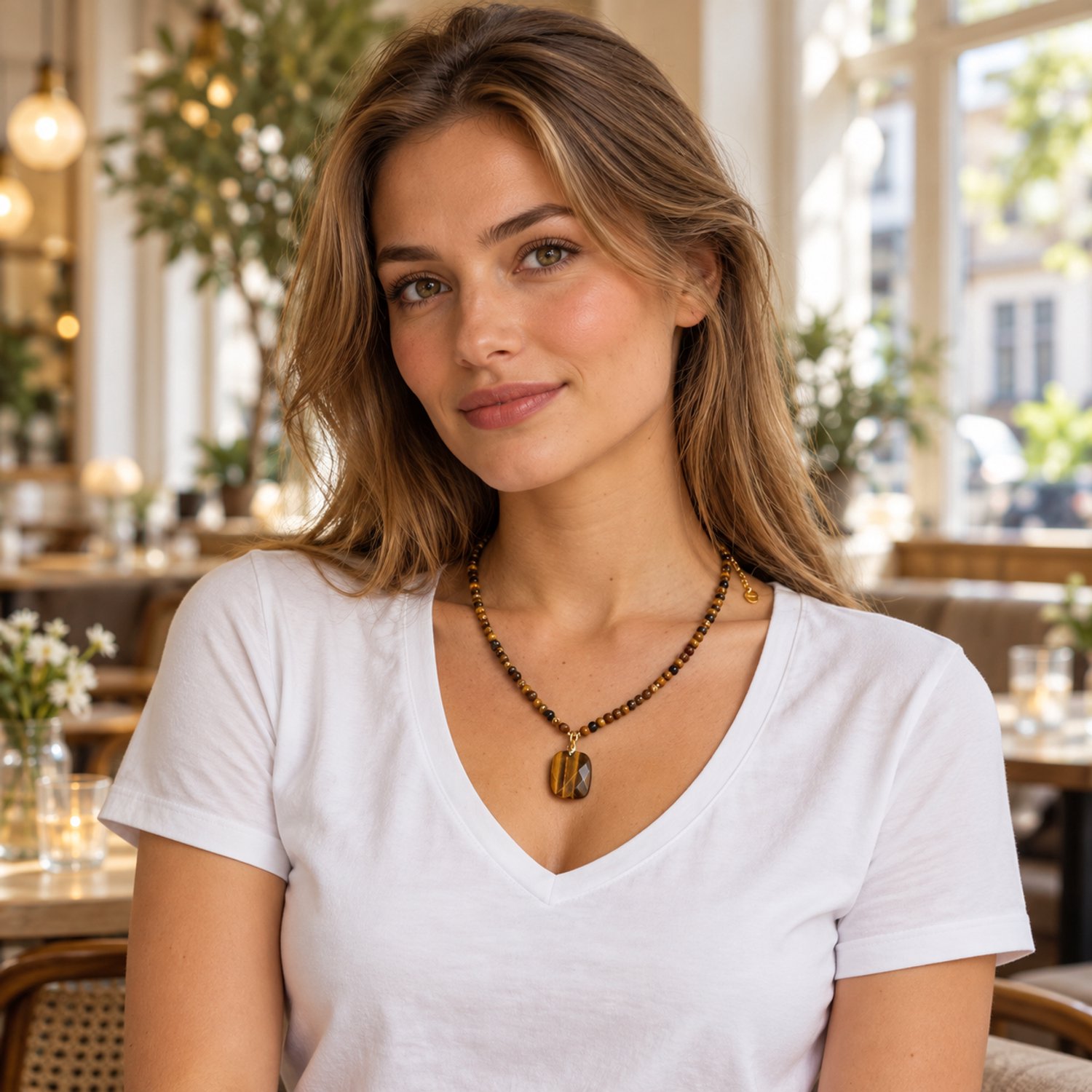 Luxamore® Tijgeroog Ketting Dames – Kralenketting met Rechthoekige Hanger – Bruin – Goudkleurige Details – Dames Sieraden