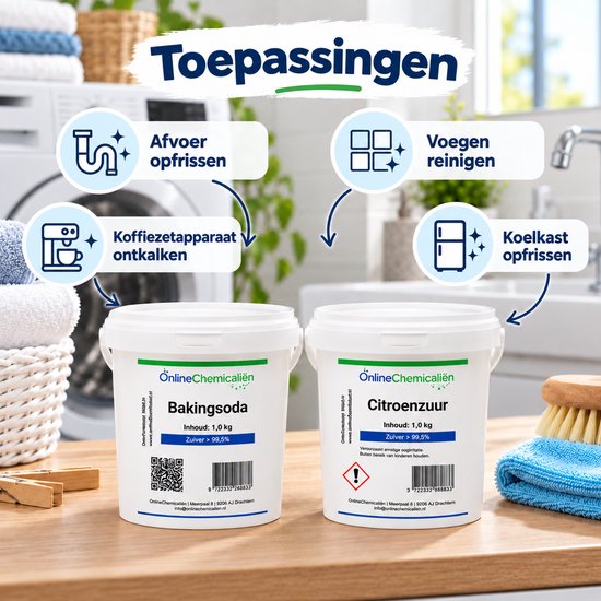 Emmers Baking Soda en Citroenzuur met iconen voor afvoer, koffiezetapparaat, voegen en koelkast reinigen.