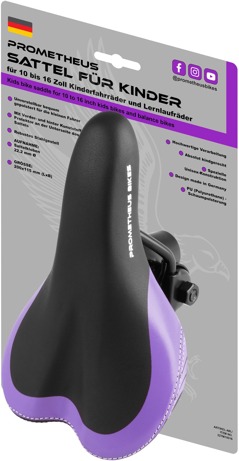 Premium Kinderfietszadel - 10-12-14-16 inch - Met klem 22,2 mm - Paars