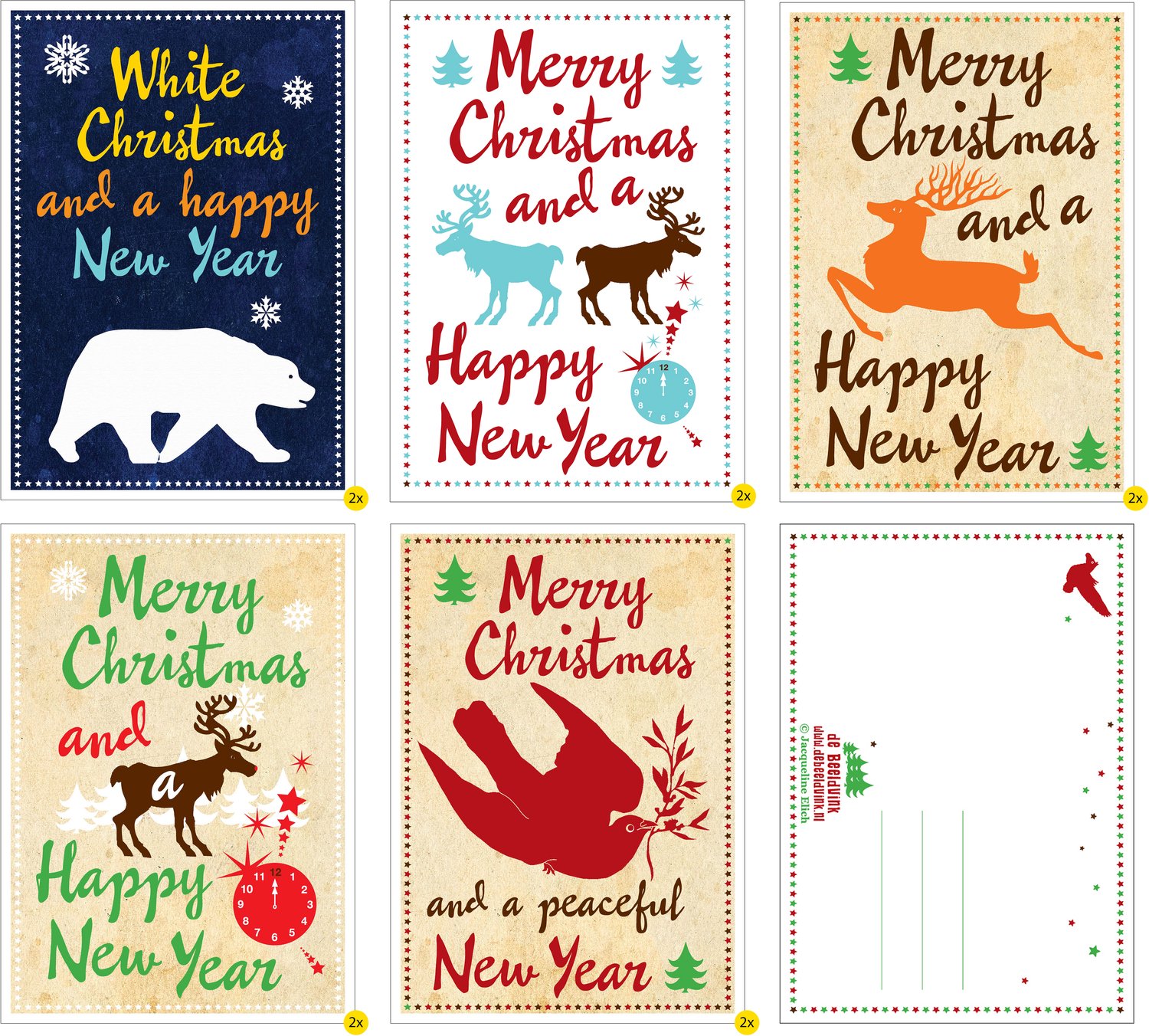 Kerstkaarten 10 stuks – Nieuwjaarskaarten – 5 unieke handgetekende dierenillustraties – 10 x 15 cm