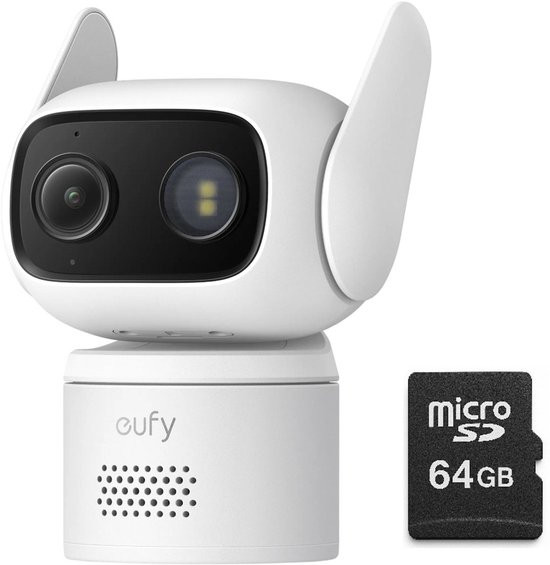 Eufy beveiligingscamera met lens en licht, inclusief 64GB microSD-kaart.