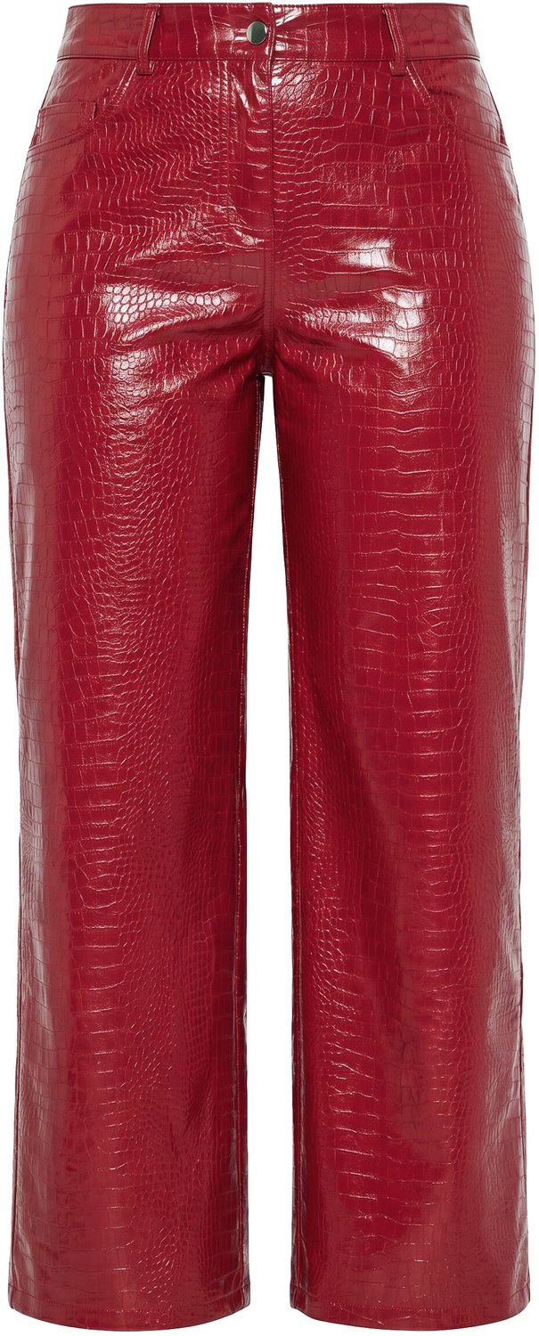 Ulla Popken - Dames - Broek Mary leerlook krokodillenreliëf wijde pijpen - Wijnrood - Maat 52