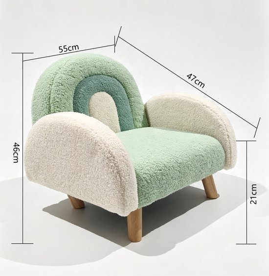 Sunny Milou Kinderfauteuil Teddy Groen – 47 x 55 x 46 cm – Kinderstoel met Regenboogdesign – Gestoffeerde Fauteuil voor Kinderkamer en Speelkamer – Houten Frame – Max. 100 kg – Peuterstoeltje voor Binnen vanaf 3 jaar — afbeelding 3