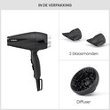 Overzicht van zwarte BaByliss föhn met twee blaasmonden en een diffuser-opzetstuk.