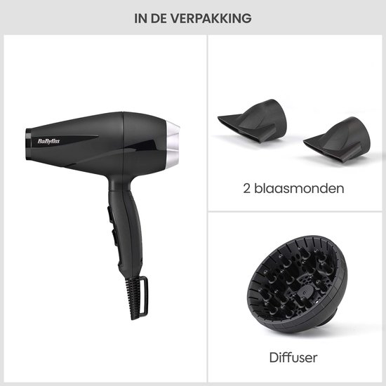 Overzicht van zwarte BaByliss föhn met twee blaasmonden en een diffuser-opzetstuk.