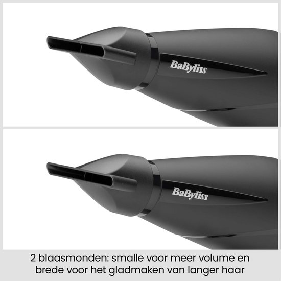 Zwarte BaByliss föhn met twee blaasmonden: smal voor volume en breed voor glad haar.